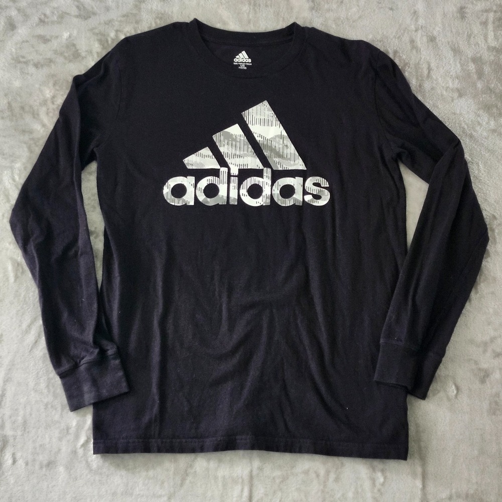 Adidas T-Shirt Boys Youth Size Large L Long Sleeve Logo Crew Neck Black‎